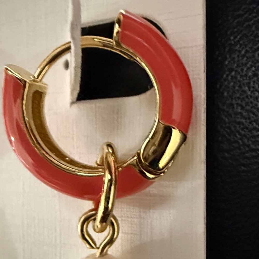 Talbots NWT Semiprecious Gold-Tone Coral Hoop Earrings with Pearl Drops - Picture 2 of 4
